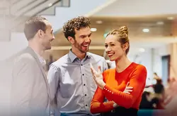 happy smiling womlan talking to two men