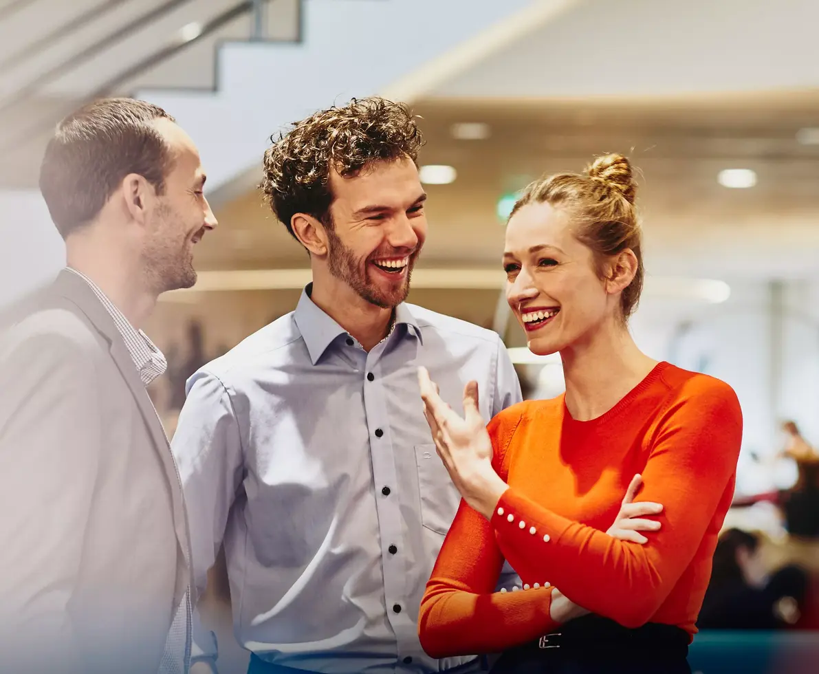 happy smiling womlan talking to two men