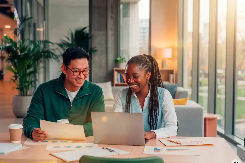 Two smiling colleagues, a man and a woman, sit at a table in a bright modern office, looking at a laptop and reviewing printed charts together. AI generated.