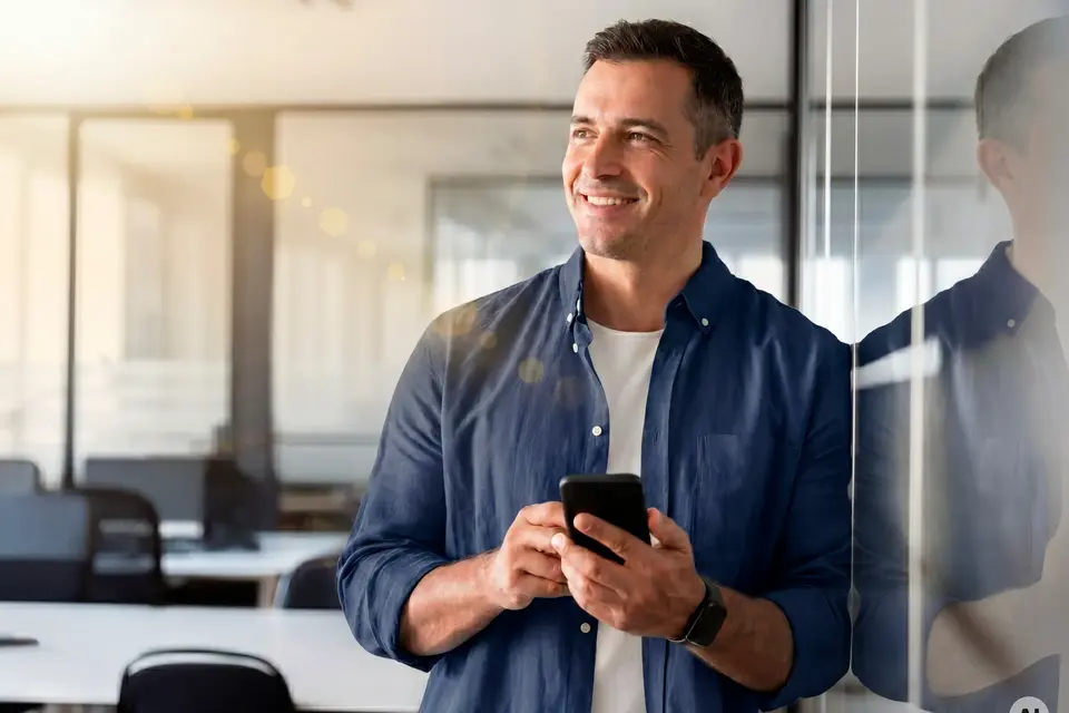 A smiling man wearing an open blue shirt over a white t-shirt leans against a glass wall in a bright modern office, holding a smartphone. AI generated.