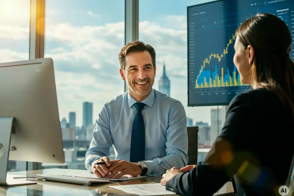 Male and female talking to each other on a professional base with a screen behind them showing a financial graph. AI generated.