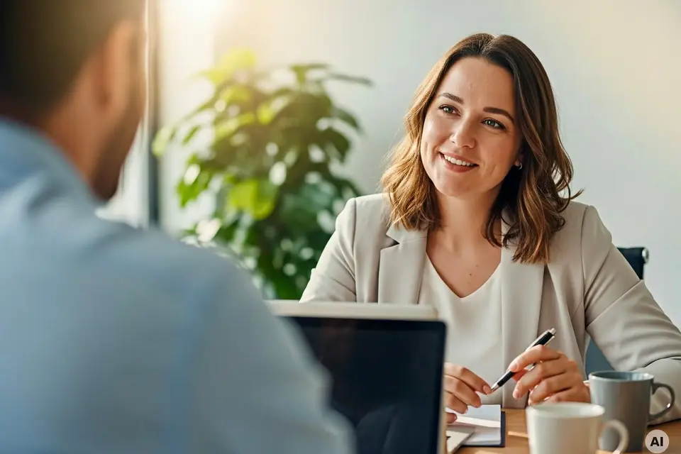 Female sitting at a desk looking to a male colleague. Laptops on the desk. AI generated.